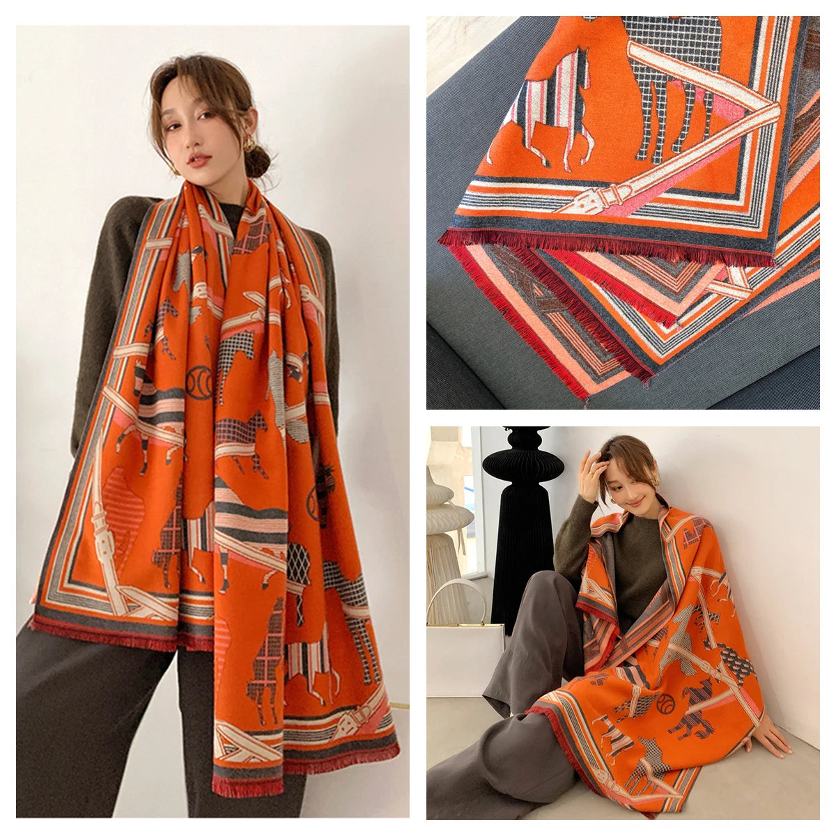 Women's Autumn Winter Horse Pattern Scarf New Luxury Cashmere Feeling Large Blanket Wrap Soft Warm Brand Shawl Retro & Classical