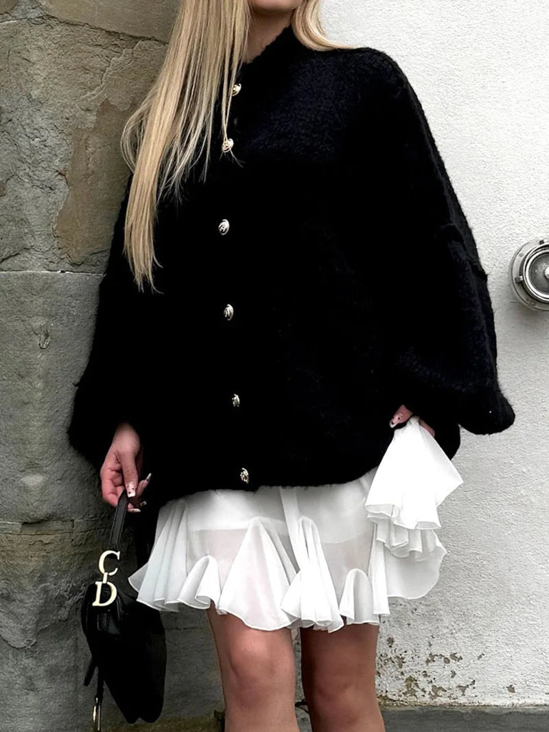 Women's Oversized Knit Cardigan - Chunky Crew Neck Gold Button Front Lounge Wear Fall Winter Comfort Plus Size