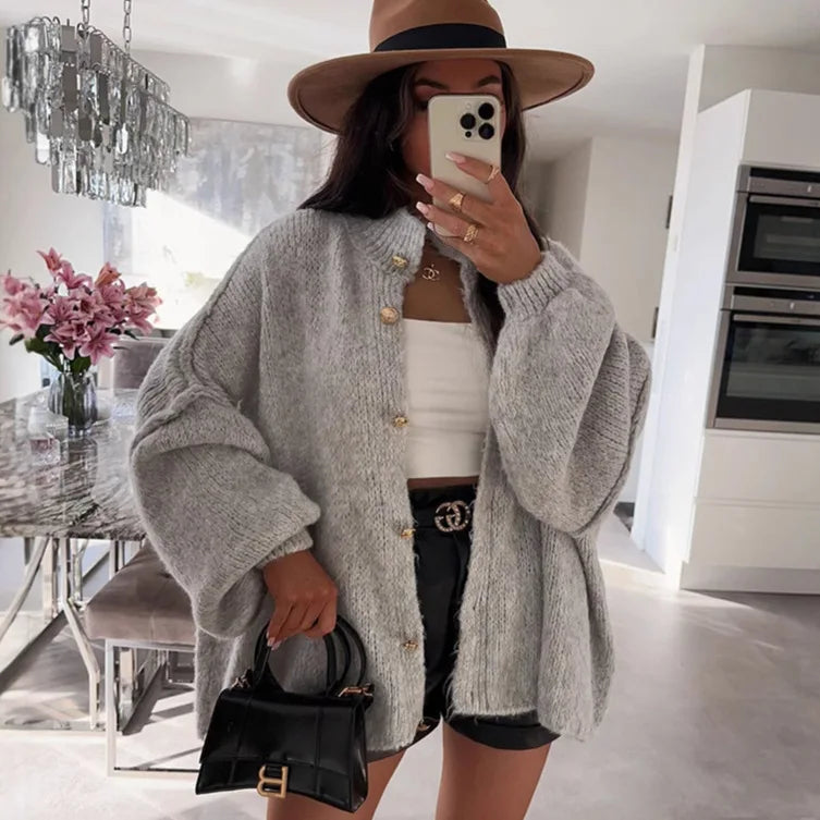 Women's Oversized Knit Cardigan - Chunky Crew Neck Gold Button Front Lounge Wear Fall Winter Comfort Plus Size