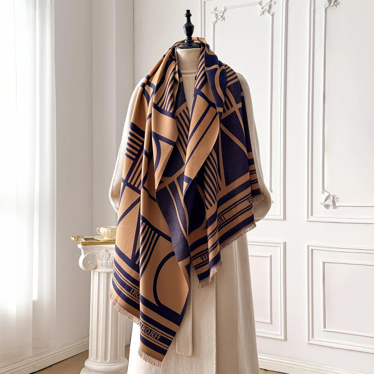 Winter Travel Faux Cashmere Scarf for Women Thick Warm with Cashew and Geometric Stripes Fashionable Luxurious Blanket Scarf