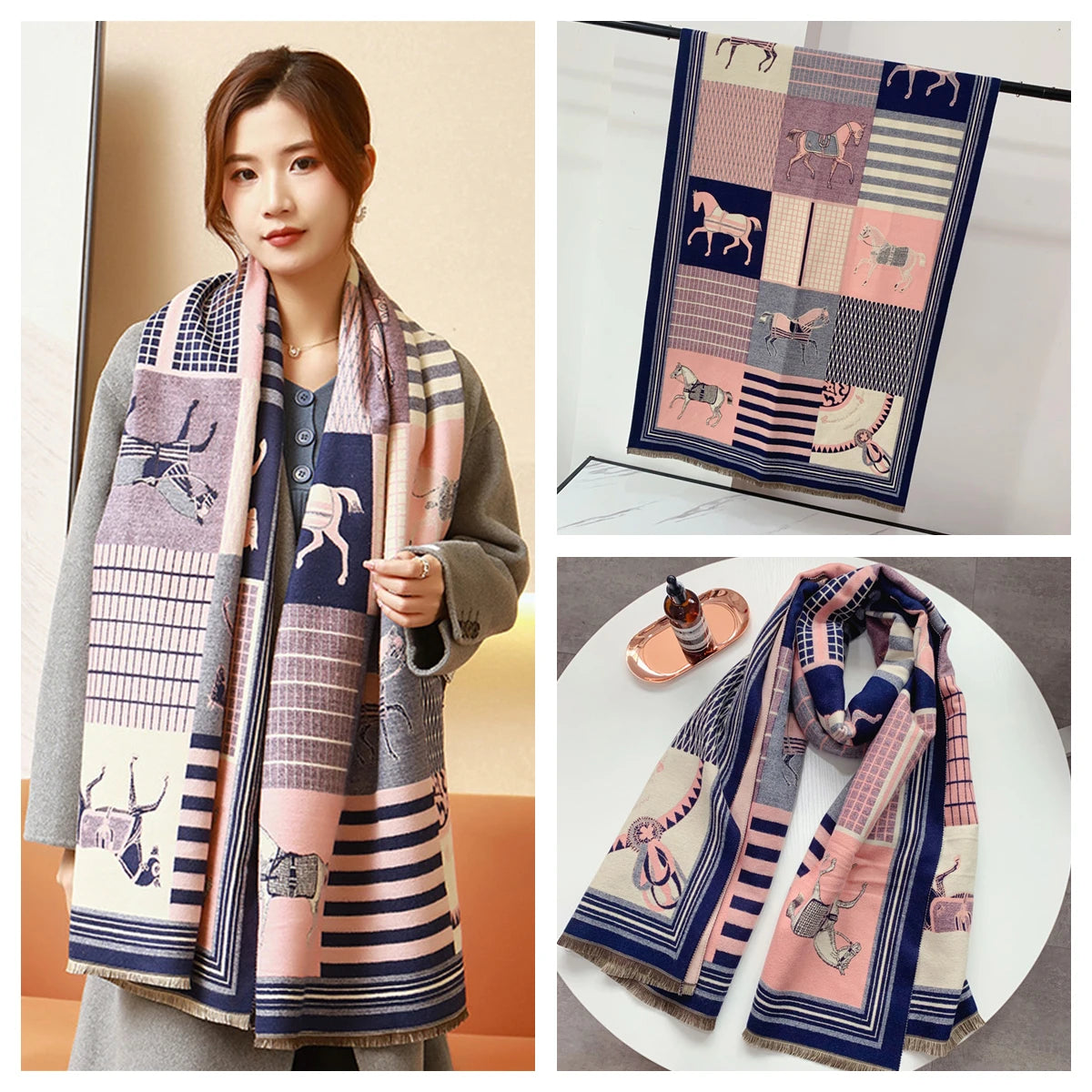 Women's Autumn Winter Horse Pattern Scarf New Luxury Cashmere Feeling Large Blanket Wrap Soft Warm Brand Shawl Retro & Classical
