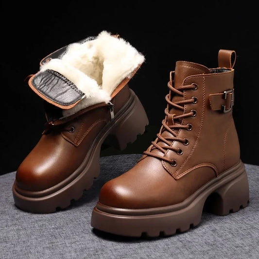 2025 Plush Snow Boots Female Winter Leather Cotton Shoes for Women Thickened Bottom Ladies Ankle Boots Padded Warm Cotton Shoes