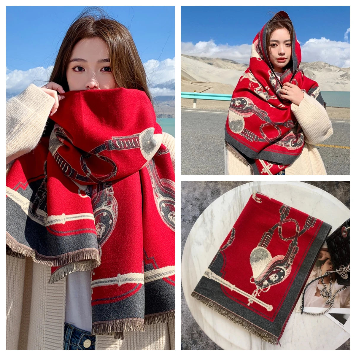 Women's Autumn Winter Horse Pattern Scarf New Luxury Cashmere Feeling Large Blanket Wrap Soft Warm Brand Shawl Retro & Classical