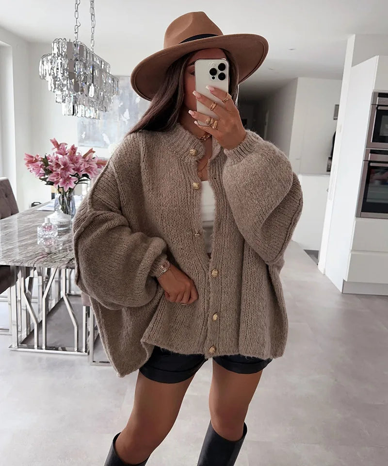 Women's Oversized Knit Cardigan - Chunky Crew Neck Gold Button Front Lounge Wear Fall Winter Comfort Plus Size