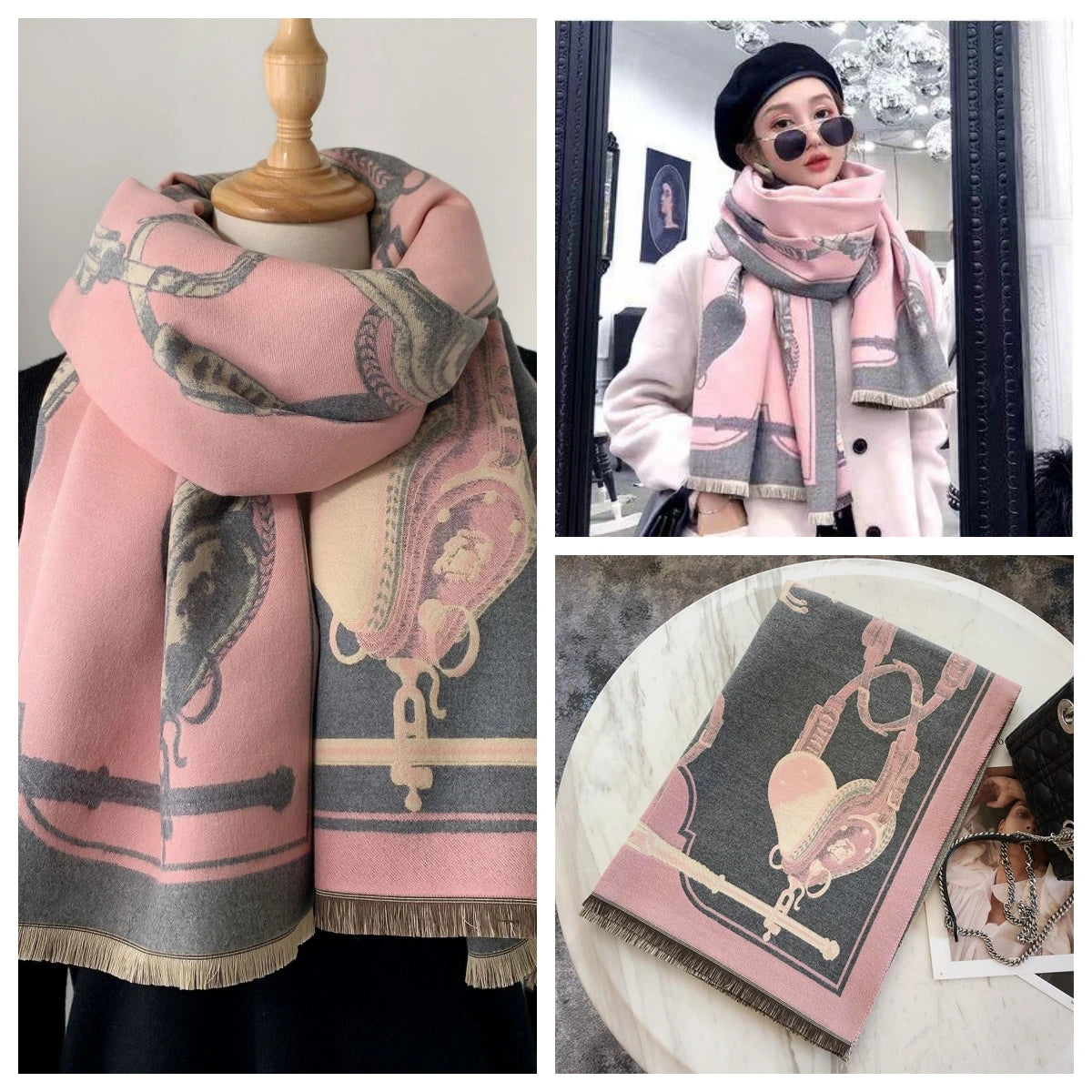 Women's Autumn Winter Horse Pattern Scarf New Luxury Cashmere Feeling Large Blanket Wrap Soft Warm Brand Shawl Retro & Classical