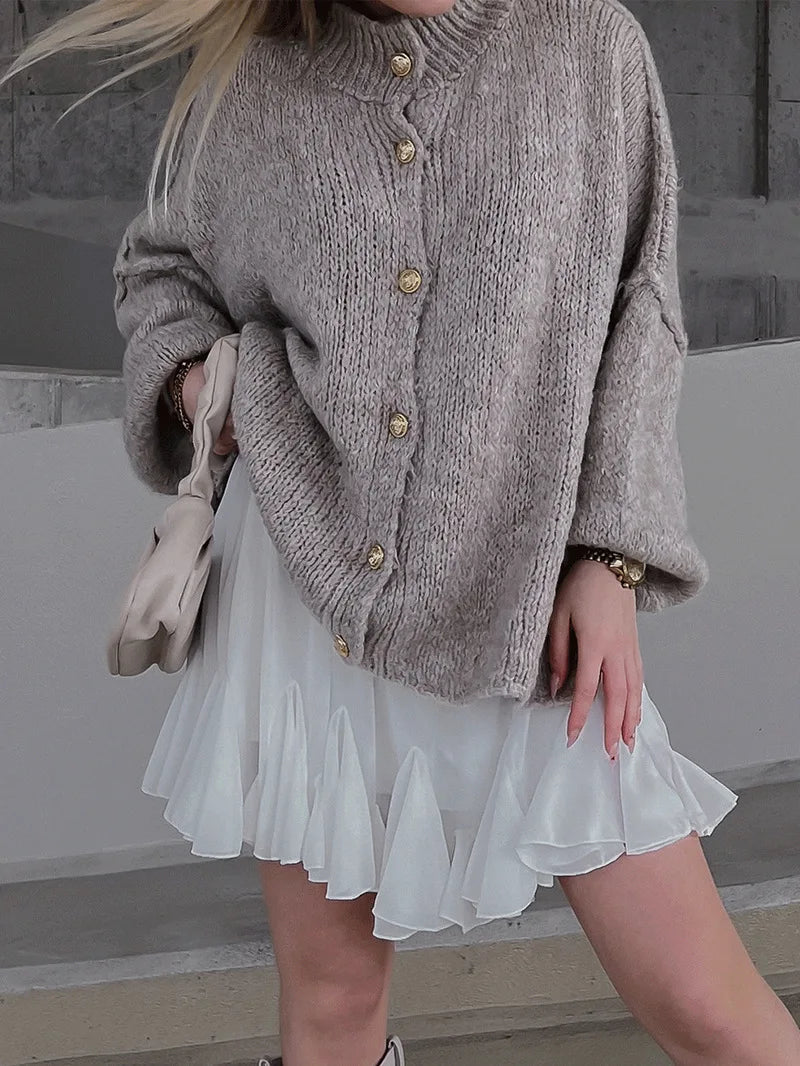 Women's Oversized Knit Cardigan - Chunky Crew Neck Gold Button Front Lounge Wear Fall Winter Comfort Plus Size