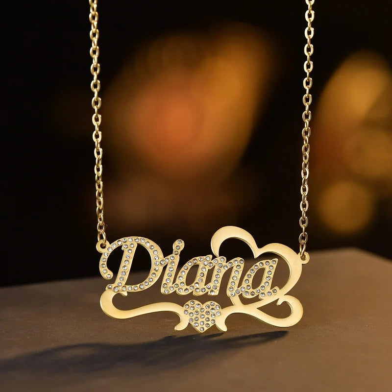 Customized Name Necklace Heart Zircon Romantic Nameplate Pendant Stainless Steel Personalized For Women Jewelry Birthday Gifts