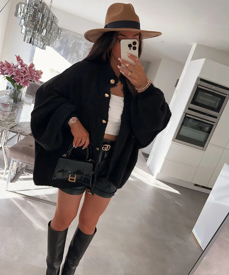 Women's Oversized Knit Cardigan - Chunky Crew Neck Gold Button Front Lounge Wear Fall Winter Comfort Plus Size