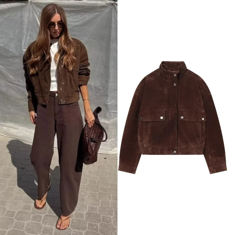 Suede Long Sleeve Jacket  with Pockets