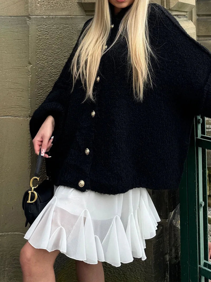 Women's Oversized Knit Cardigan - Chunky Crew Neck Gold Button Front Lounge Wear Fall Winter Comfort Plus Size