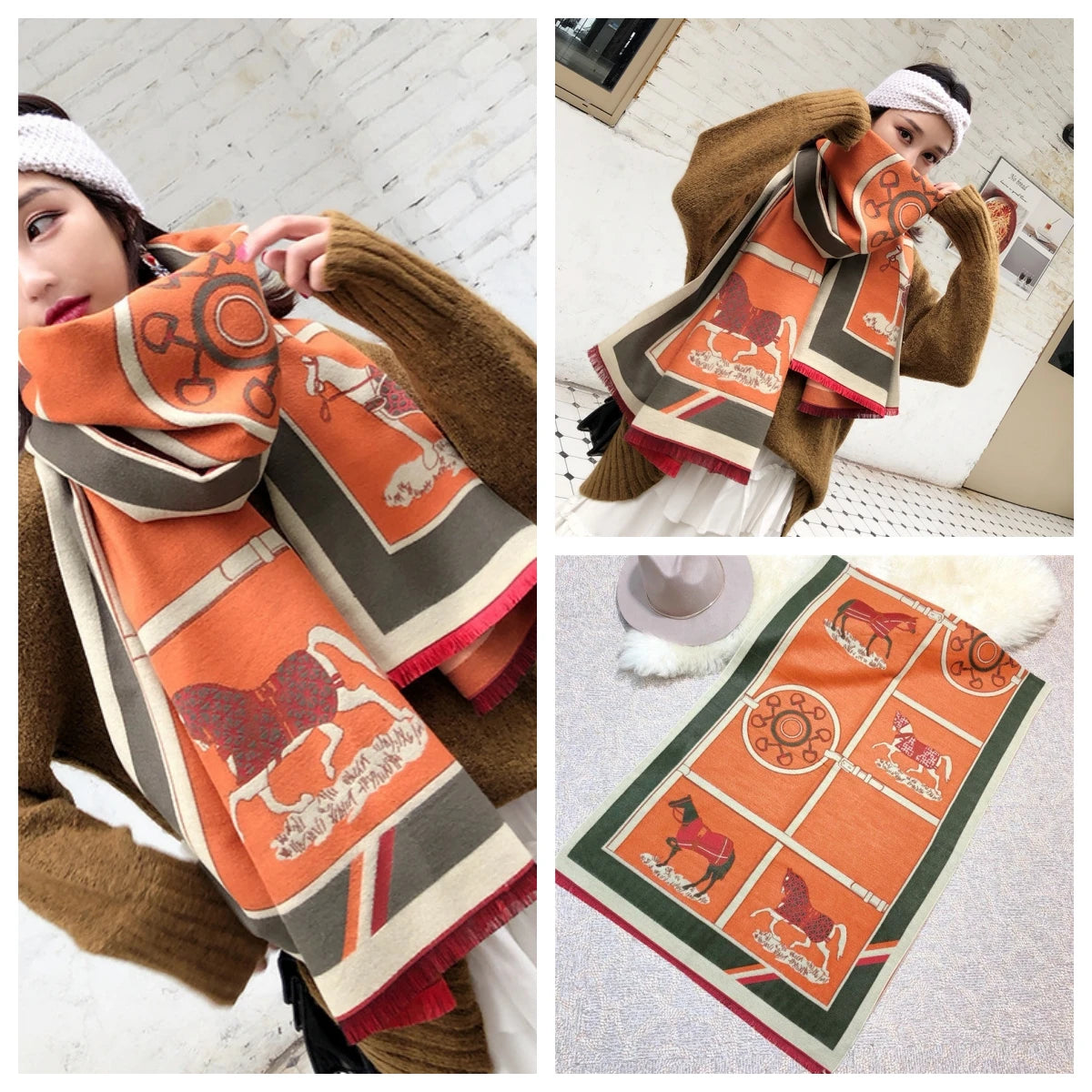 Women's Autumn Winter Horse Pattern Scarf New Luxury Cashmere Feeling Large Blanket Wrap Soft Warm Brand Shawl Retro & Classical