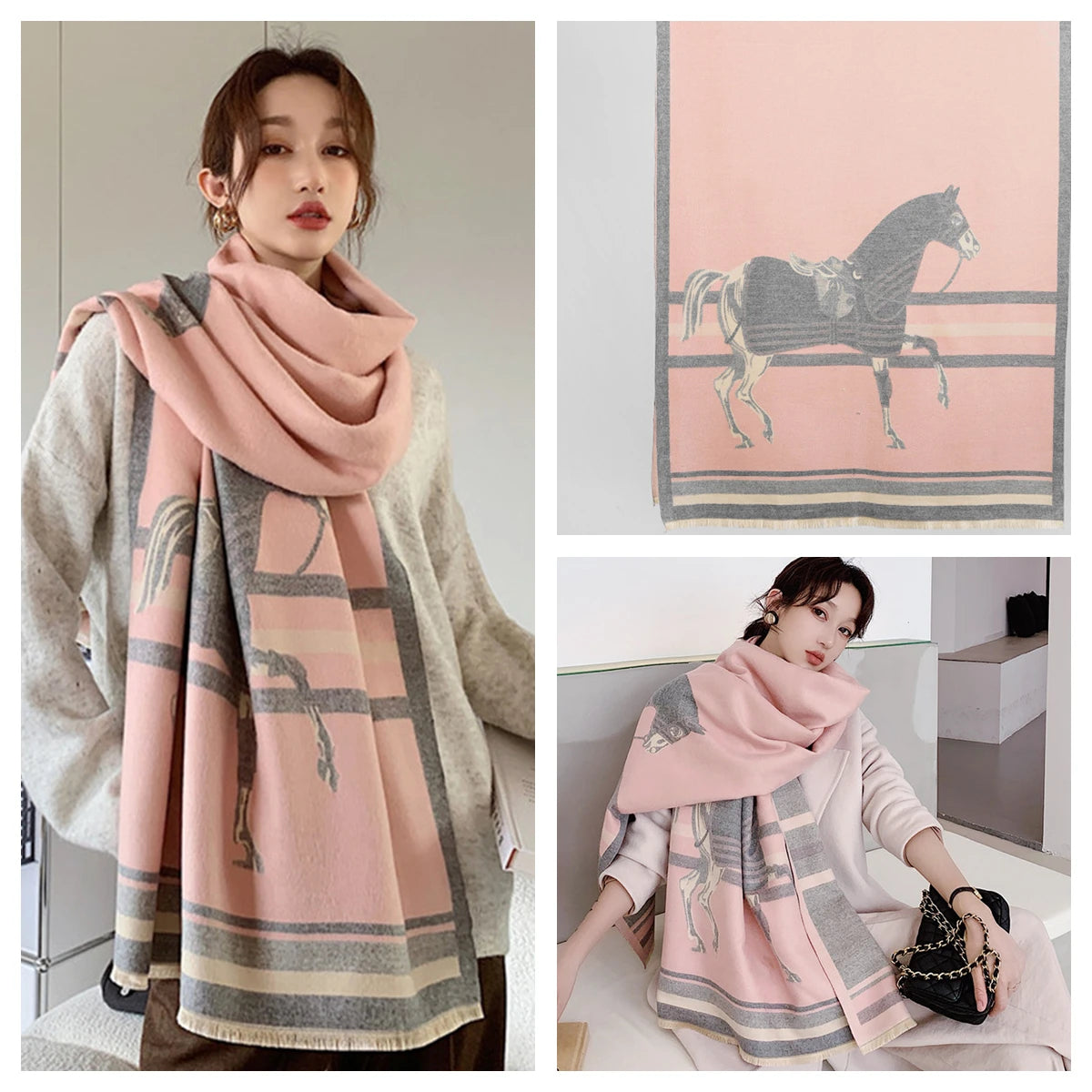 Women's Autumn Winter Horse Pattern Scarf New Luxury Cashmere Feeling Large Blanket Wrap Soft Warm Brand Shawl Retro & Classical