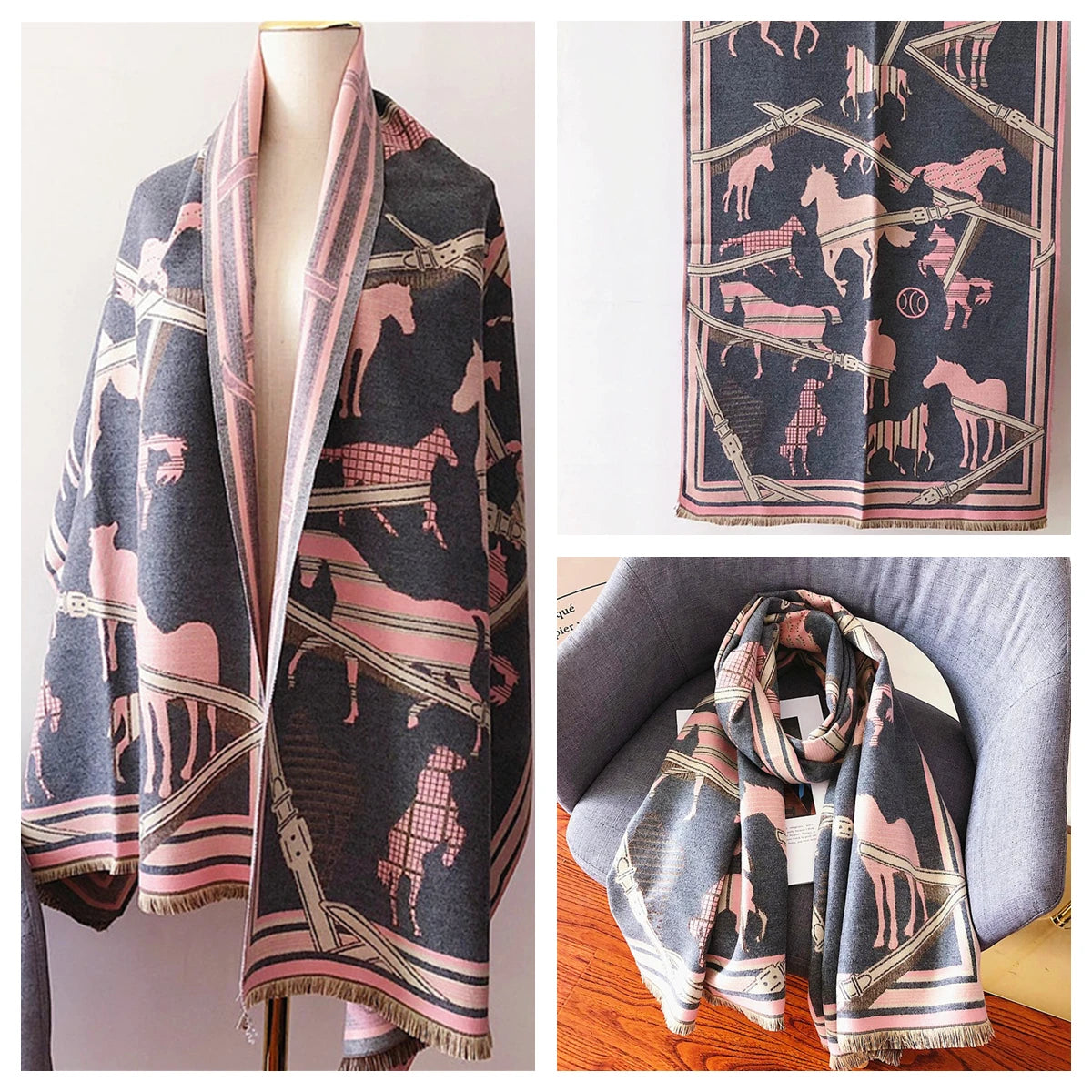 Women's Autumn Winter Horse Pattern Scarf New Luxury Cashmere Feeling Large Blanket Wrap Soft Warm Brand Shawl Retro & Classical