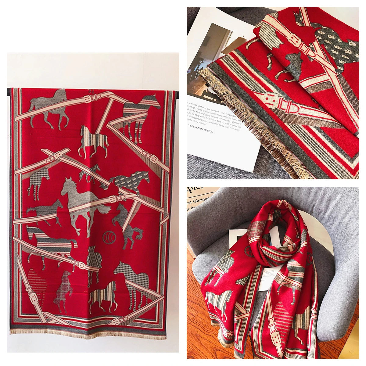 Women's Autumn Winter Horse Pattern Scarf New Luxury Cashmere Feeling Large Blanket Wrap Soft Warm Brand Shawl Retro & Classical