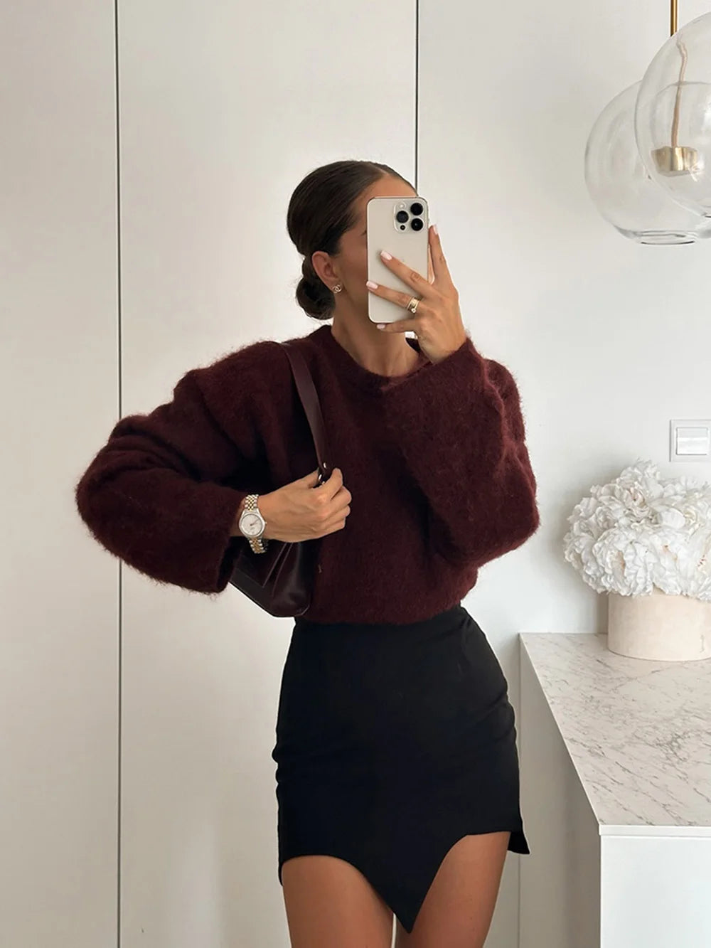 Women's Solid Colour Round Neck Sweater Commuter Style New Burgundy Pullover Long Sleeve Knit Sweater Casual Womenswear