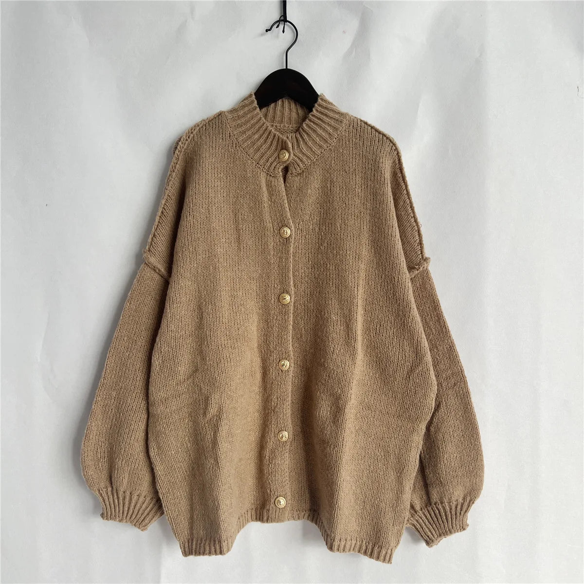 Women's Oversized Knit Cardigan - Chunky Crew Neck Gold Button Front Lounge Wear Fall Winter Comfort Plus Size