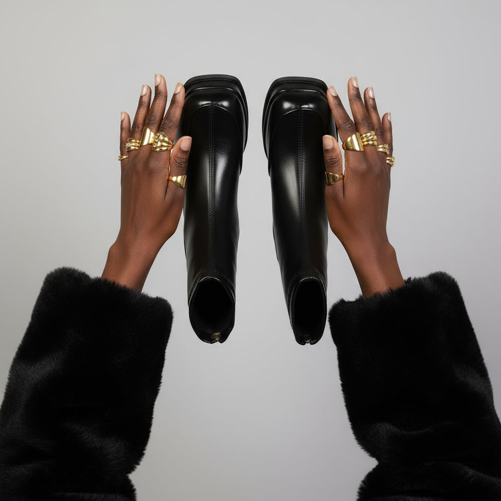 Pair of black leather boots in a studio held by a black women wearing gold rings and black fur coat