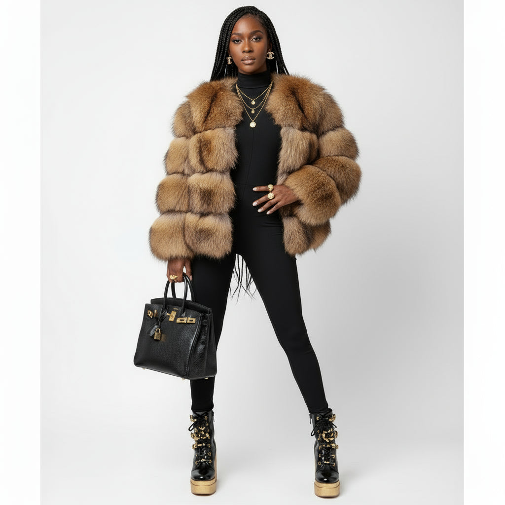 Person wearing a brown fur vest against a white background