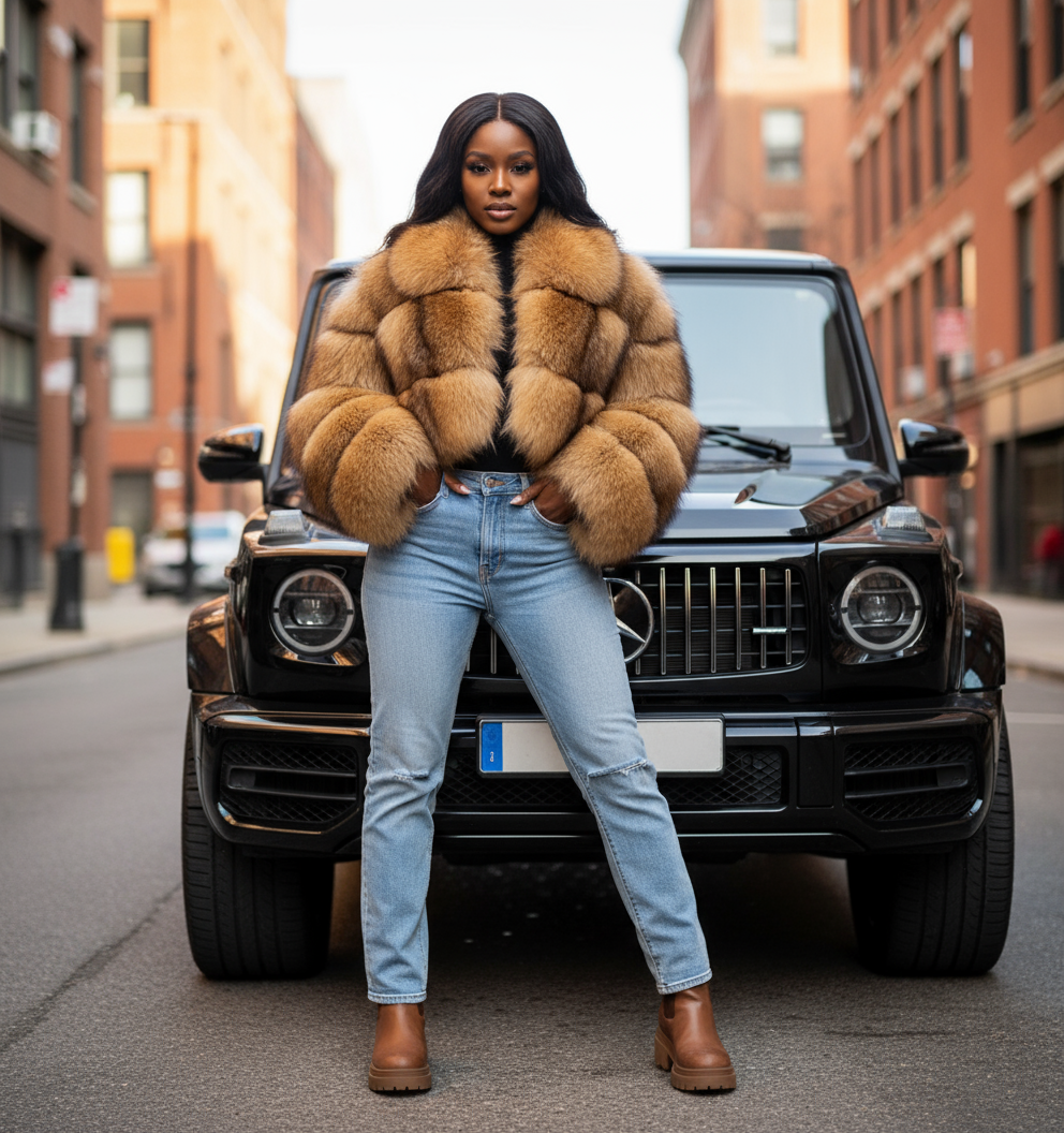 Fur coat with collar on a person, displayed against a neutral background.