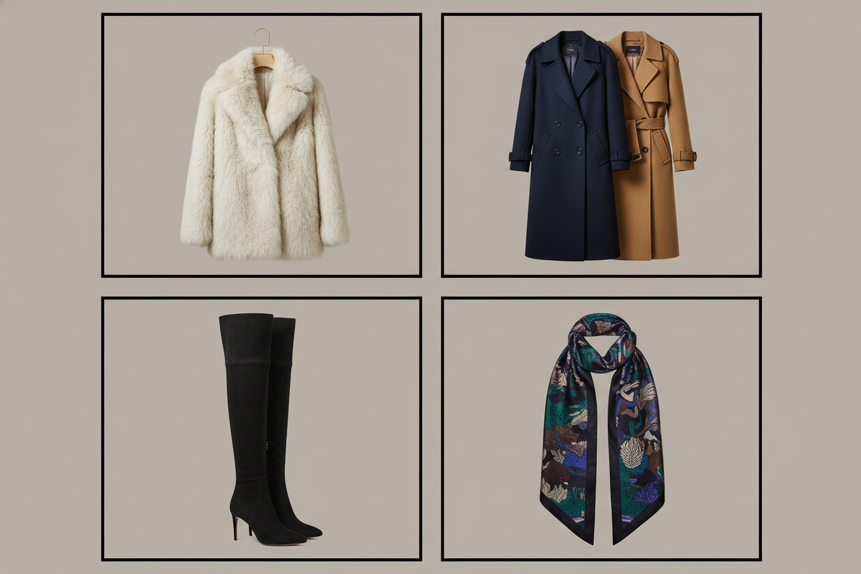 fur coat, coats, thigh high boots and scarf in a grid frame