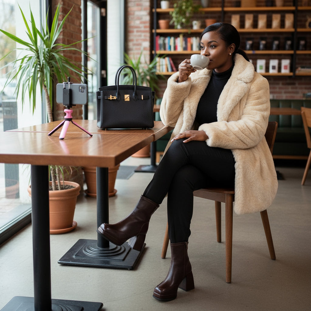Black lady wearing Pair of brown ankle boots and nude fur coat sipping coffee 
